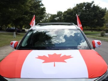 Canadian Flag Car Hood Cover, Patriotic Auto Hood Protector, Red and White with Maple Leaf National Flag Design, Soccer Fans USA