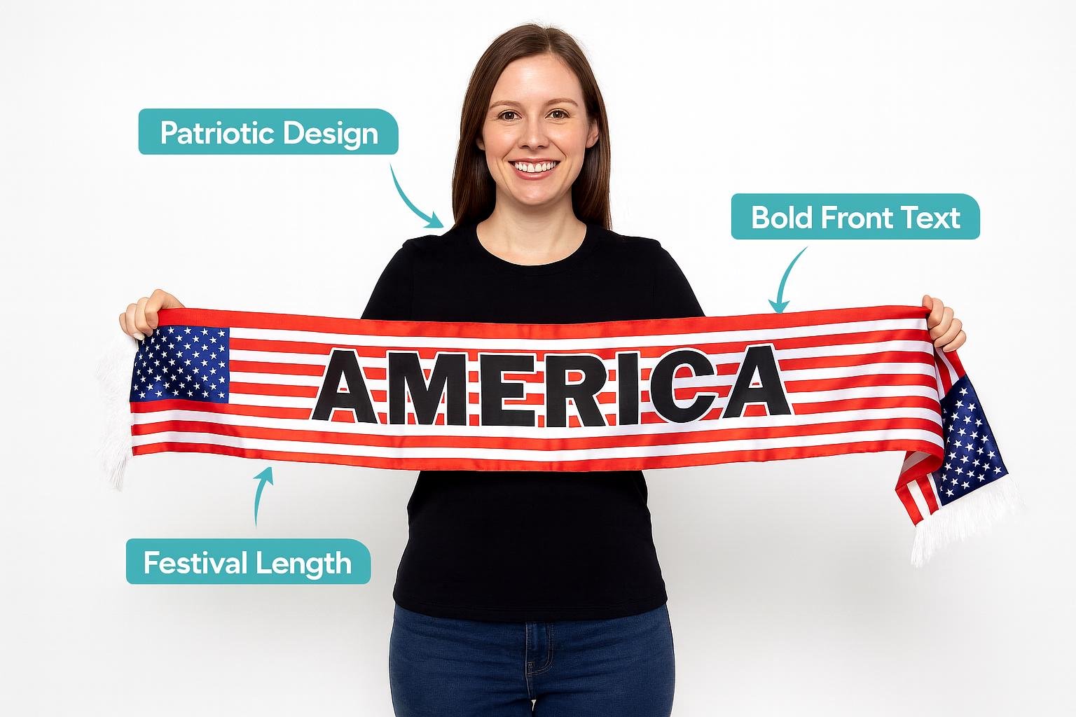 American Flag Scarf, Red White Blue Striped Design with Fringe, Patriotic Fan Wear - Image 2