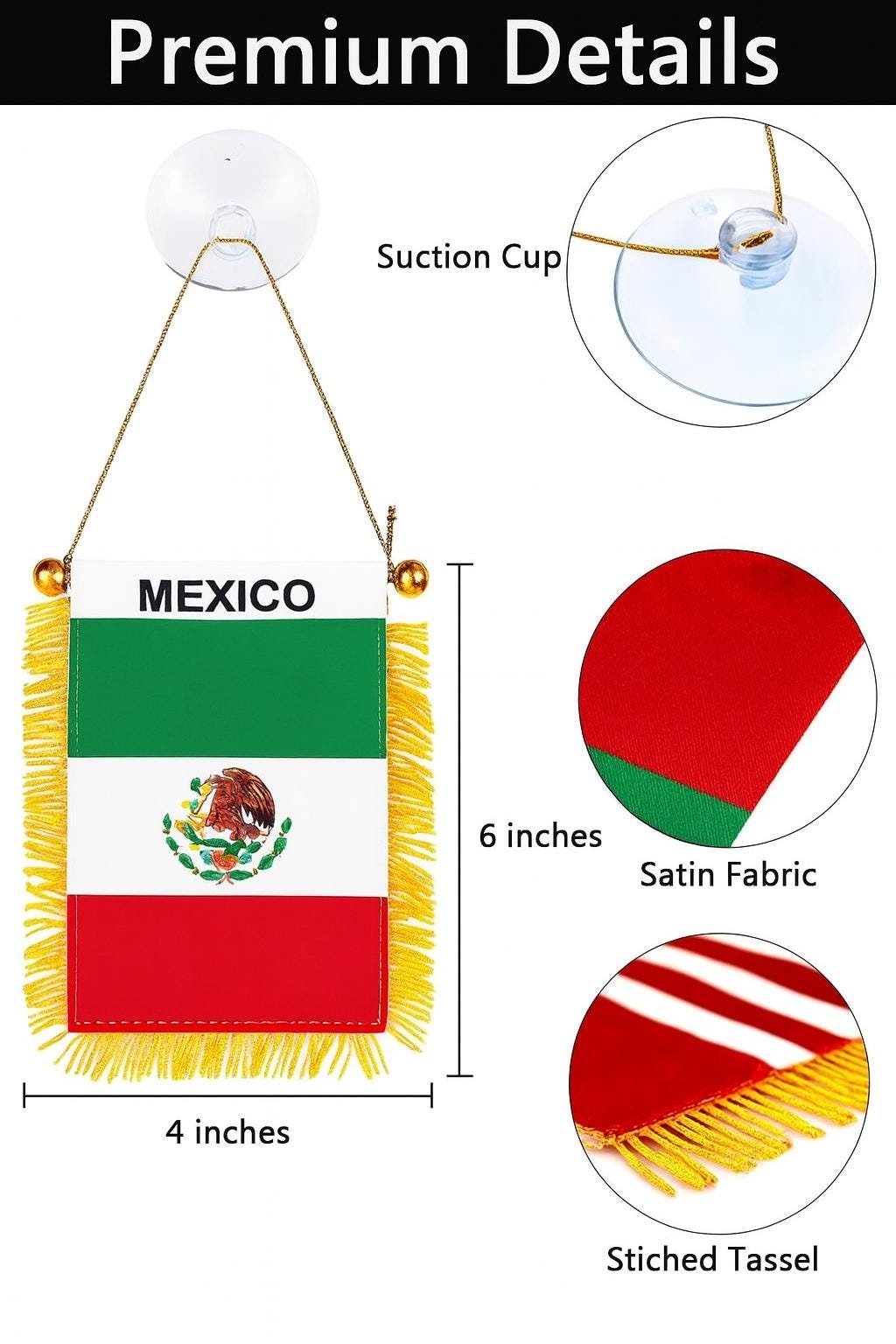 Mexico Flag Car Banner, Mini Mexico Pennant with Gold Tassels - Image 2